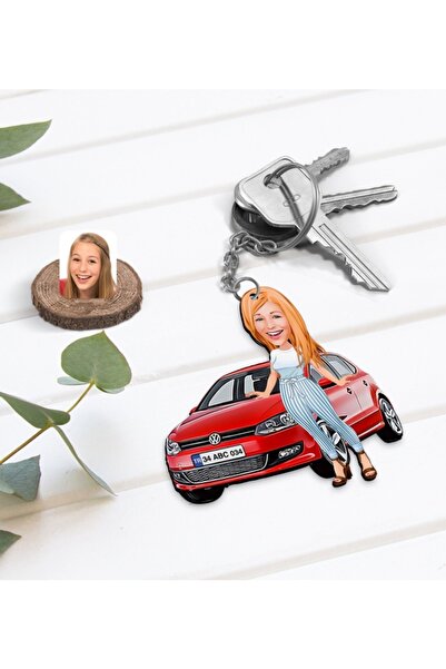 Bk Gift Kişiye Özel Kadın Vw Polo Figürlü Plakalı Ahşap Karikatür Anahtarlık-2