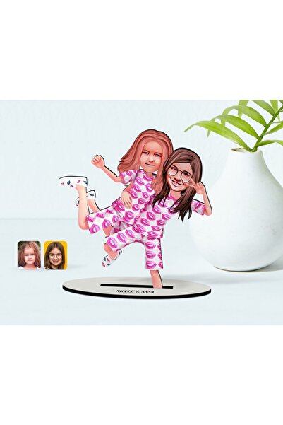 Bk Gift Kişiye Özel Kız Kardeşler Karikatürlü Ahşap Biblo Model-1