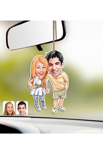 Bk Gift Kişiye Özel Sevgililer Karikatürlü Ahşap Araba Dikiz Ayna Süsü-98