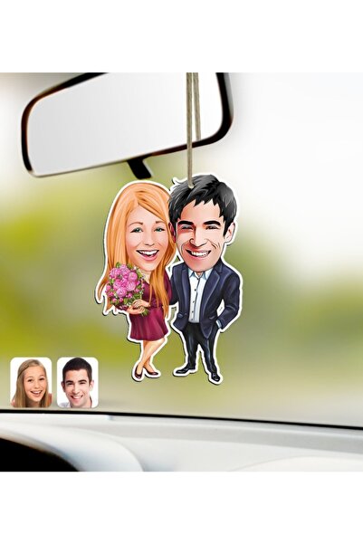 Bk Gift Kişiye Özel Sevgililer Karikatürlü Ahşap Araba Dikiz Ayna Süsü-94