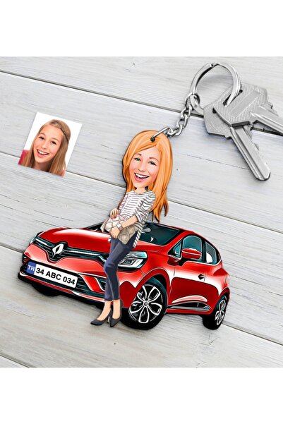 Bk Gift Kişiye Özel Bayan Renault Clio Figürlü Plakalı Ahşap Karikatür Anahta...