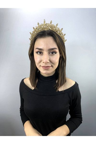 Hobigram Leganis Henna și Coroana Miresei de culoare aurie – Coroană, Piatră de cristal, Model elegant, Coroană de mireasă, Accesoriu de păr –