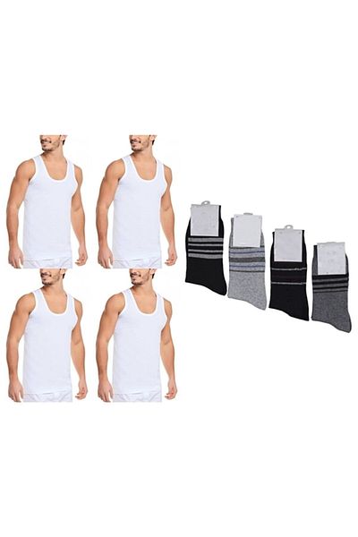 HARMAN TEKSTİL 4 Pieces of Cotton White Strappy Classic Undershirt and 4 Pairs of Socks Luxury