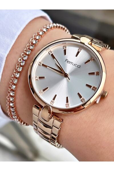 Ferrucci Rose Gold Renk Sade Şık Dizayn Kadın Kol Saati + Bileklik Hediyeli