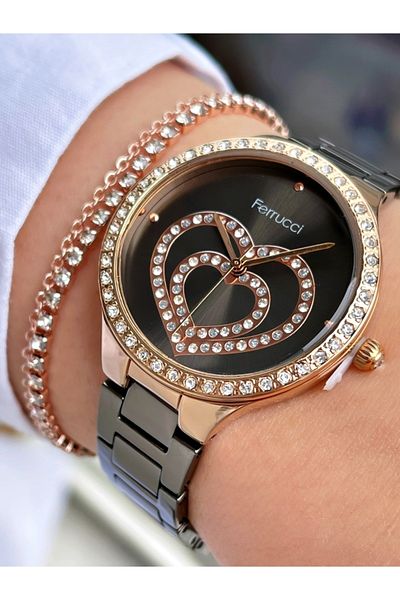Ferrucci Smoke Color Rose Gold Case Heart Model Women's Wristwatch + Bracelet Gift