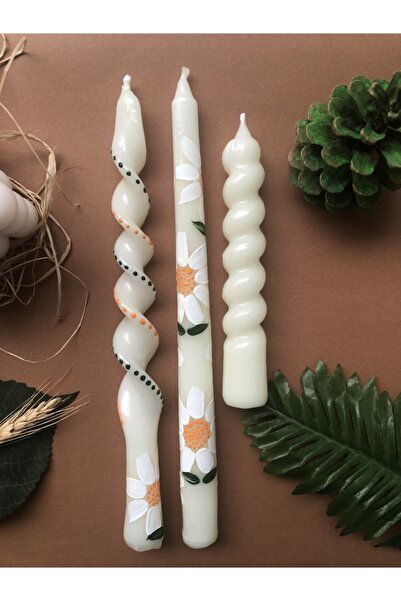 Elif Design 3 Lü Papatya Desenli El Çizimi Kokulu Konik Ve Burgu Mum Şamdan M...