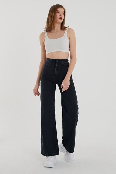 Trn JNS Pantaloni Palazzo cu blugi largi din Lycra neagră cu talie super înaltă. (SUPER ÎNALT.) Picior lat.