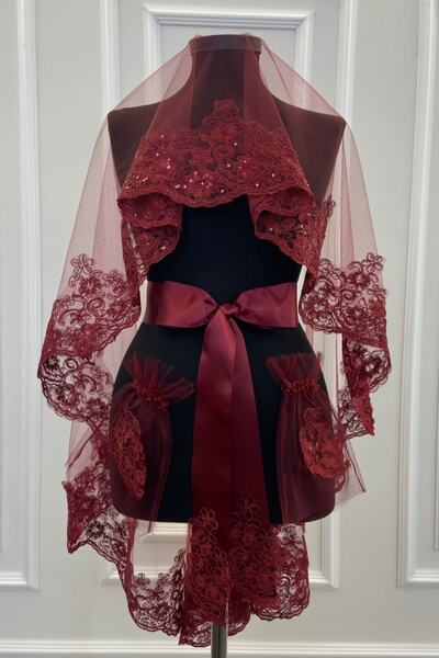 ZEYMERADE Bordo Çiçek Desen Işıl Işıl Güpürlü Gelin Duvağı Seti