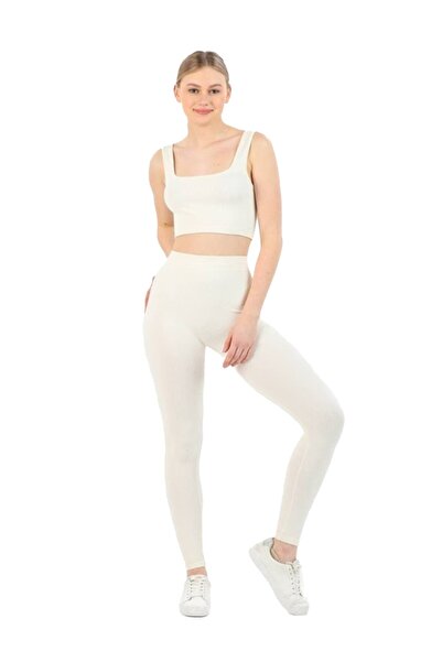 Modanty Kadın Krem Seamless Fitilli Spor Tayt Crop Takım