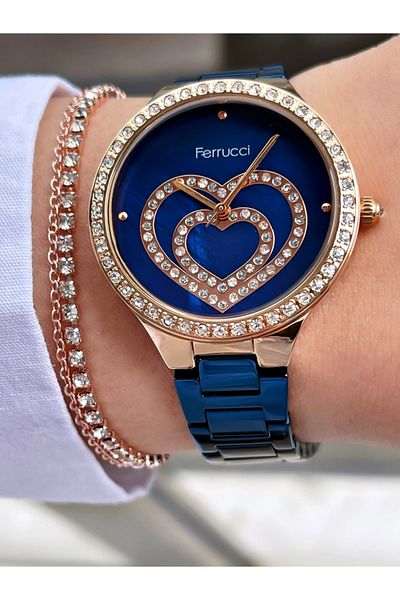Ferrucci Dark Blue Color Rose Gold Case Heart Model Women's Wristwatch + Bracelet Gift