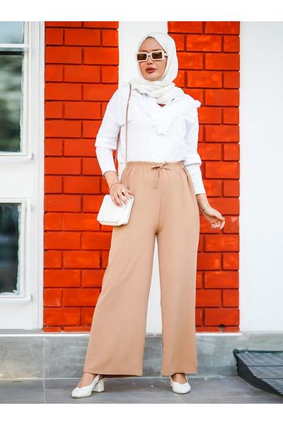 Por La Cara Women's Camel Elastic Waist Loose Trousers