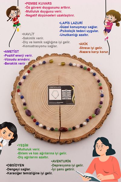 OSMANLI DEĞERLİ TAŞ Certified Aventurine-pink Quartz-obsidia-lapis-havlit-jade-amethyst Girl Student Necklace
