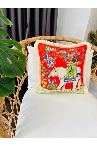 ge living Decorative Elephant Patterned Throw Pillow - Watercolor Red Velvet Pillowcase
