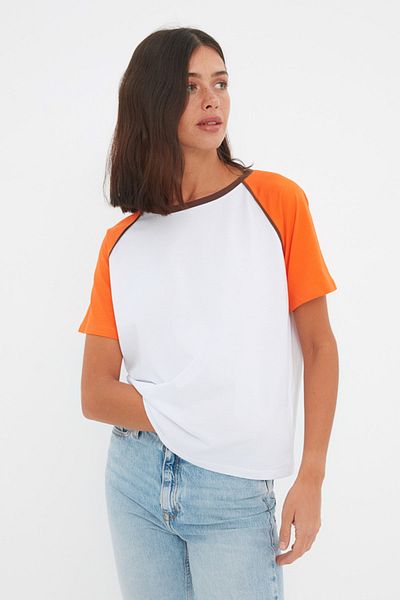 Trendyol Collection Tricou tricotat portocaliu, 100% bumbac, cu croială relaxată, cu mâneci raglan de bază, cu decolteu, TWOSS22TS1359