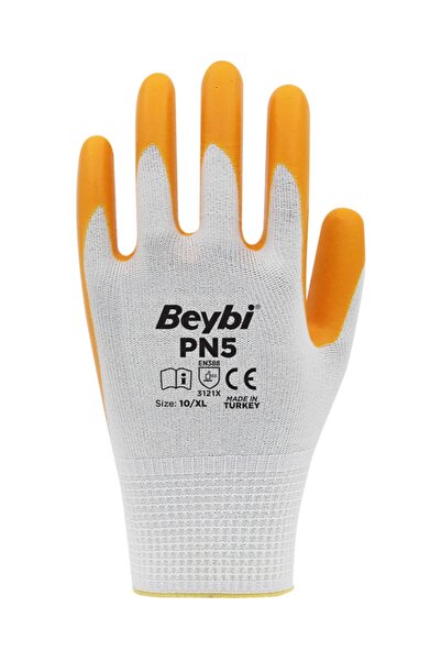 Beybi Pn5 Polyester Knitted Nitrile Gloves-Yellow-No:10-12 Pack