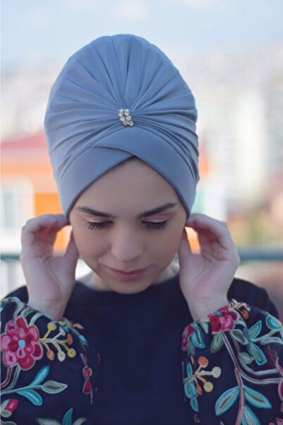 Amisos Bone Şal Hazır Tesettür Giyim Tas Detaylı Çapraz Bone Gri