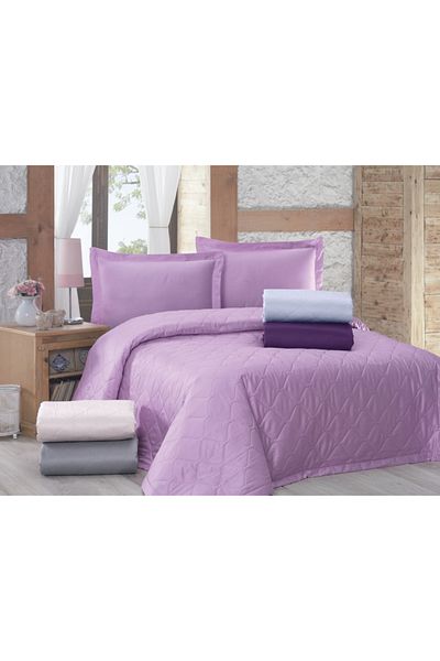 Menderes Home Lanotte Satin Double Bed Cover Set (Dapty) Plain Painting Purple