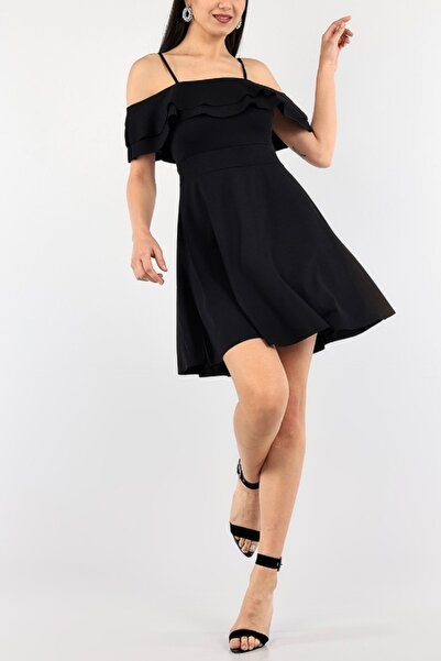 AK-SER فستان قصير أسود بياقة مزدوجة وحزام 142146