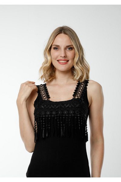 Hmd 3-Piece Women's Black Cotton Undershirt & Chest Section Guipure Detailed Thick Strap & Comfortable Texture