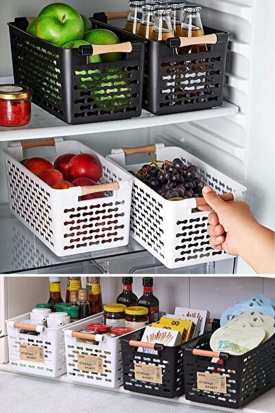 KRM HOME 4 Pieces Wooden Colored Plastic Handle Organizer Basket Bread Basket (2 Black-2 White)