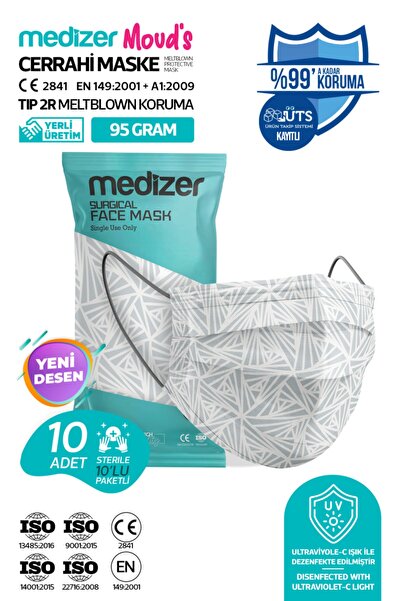 Medizer Meltblown Beyaz Üçgen Desenli Cerrahi Maske - 10'lu 1 Paket
