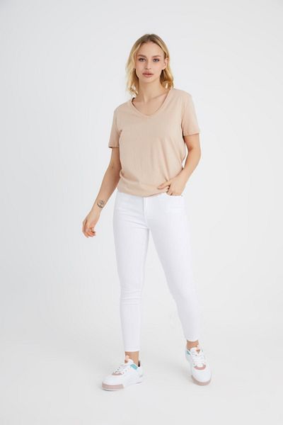 LAMİRA Pantaloni de damă, albi, cu talie înaltă, din lycra, cu picioare înguste