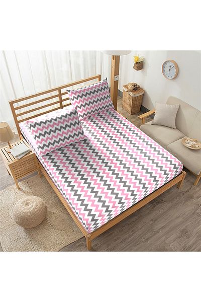 SNR HOME COLLECTION King Size Pink Zigzag Elastic Sheet Set 180x200 King Size