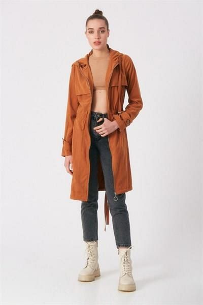 Giyim Dünyası Women's Hooded Zippered Trench Coat Tan