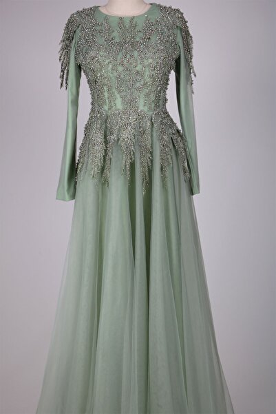 hepyen Mint Yeşili Üstü Taşlı Tül Elbise