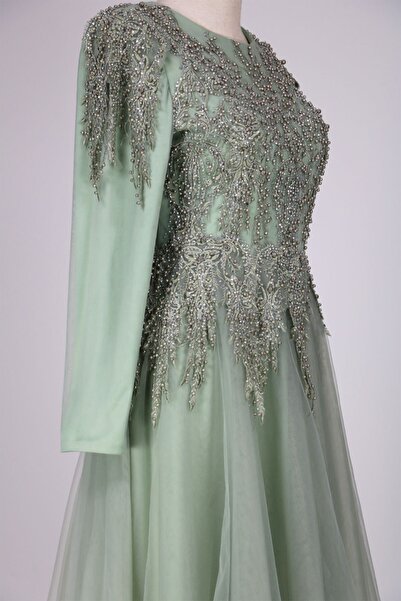 hepyen Mint Yeşili Üstü Taşlı Tül Elbise