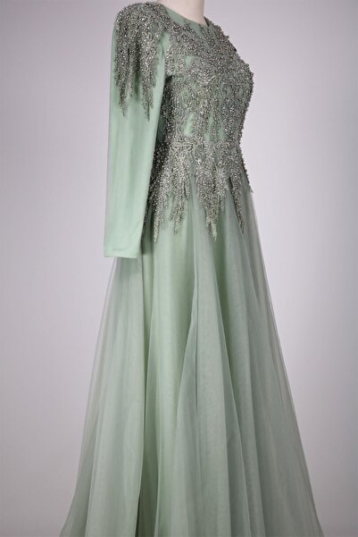 hepyen Mint Yeşili Üstü Taşlı Tül Elbise