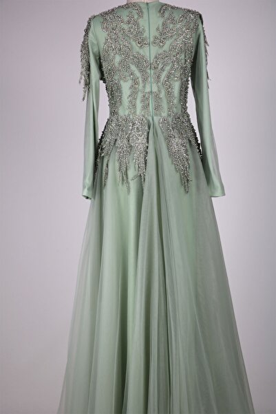 hepyen Mint Yeşili Üstü Taşlı Tül Elbise