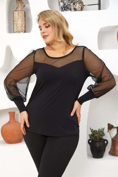 Seamoda Plus Size Women's Comfortable Daily Sandy Blouse with Tulle Detail - black