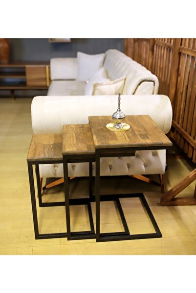 ATS Dekor Endüstriyel Tasarım 3’lü Ahşap Zigon Yan Ve Koltuk Sehpa Sehpası.