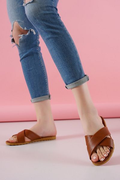 PNR TERLİK Women's Tan Cross Summer Slippers