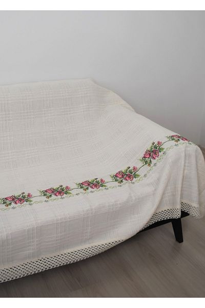 TUNCAY TEKSTİL 220 Cm Cross Stitch Sofa Bed Sofa Cover Red Cross Stitch Embroidered Canvas Couch Cover