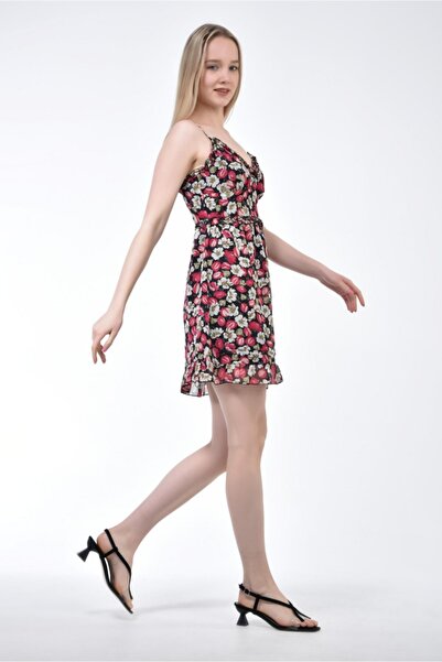 My ELİF Tekstil Multicolored Floral Ruffled Collar Strap Dress