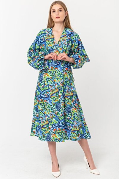 OYYA Kadın Mavi Kruvaze Yaka Balon Kol Midi Elbise Yy101016