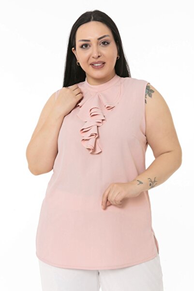 DISENTIS MODEST Αμάνικο πουκάμισο σε χρώμα πούδρας μεγάλου μεγέθους με βολάν ...