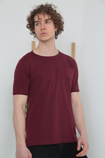 ELM WEAR Men's Burgundy Dirty Collar Pocket Casual T-shirt