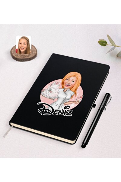 Bk Gift Kişiye Özel Kadın Aşçı Karikatürlü Siyah Defter Kalem Ve Kupa Seti-3
