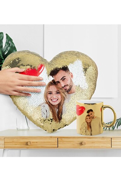 BK Kişiye Özel Fotoğraflı Sihirli Gold Kalp Yastık Gold Kupa Seti