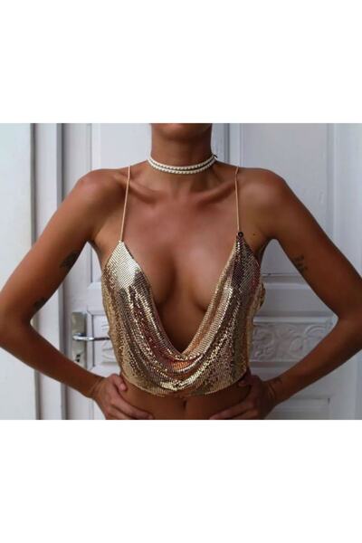 Senora Butik Shiny Armor Gold - Back Low-cut Crop Bustier