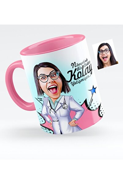 Bk Gift Kişiye Özel Bayan Doktor Karikatürlü Pembe Kupa Bardak - 1