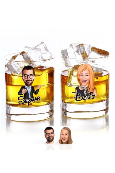 BK Kişiye Özel Renkli Baskılı Erkek Ve Kadın Isimli Karikatürlü Ikili Viski B...