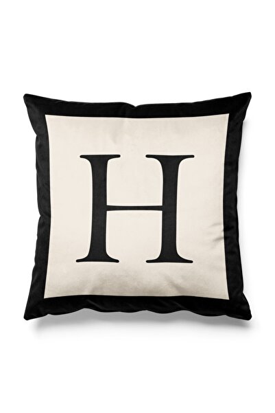 Pilloveland H Harf Figürlü Siyah Ve Bej Renkli Çift Tarafı Baskılı Kırlent Kılıfı