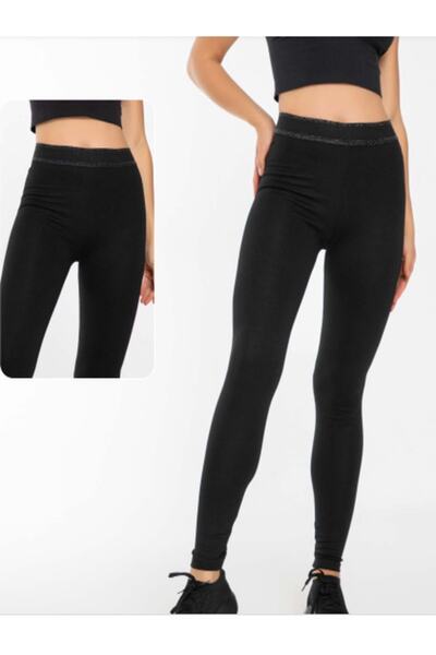 Besttrend Kadın Siyah Kemeri Simli Çelik Örme Tayt