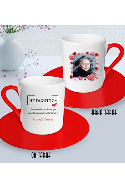 Bk Gift Kişiye Özel Fotoğraflı Babaanne Tasarımlı Kırmızı Türk Kahvesi Fincanı-1