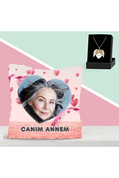 Bk Gift Kişiye Özel Fotoğraflı Canım Annem Tasarımlı Yastık Ve Melek Kolye Se...