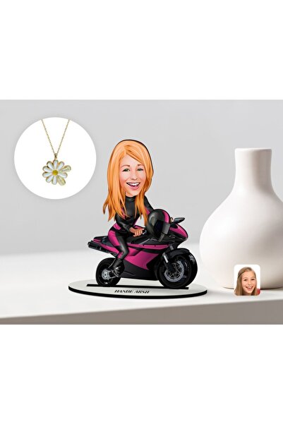 Bk Gift Kişiye Özel Kadın Motorcu Karikatürlü 3d Ahşap Biblo Ve Isimli Tarihl...